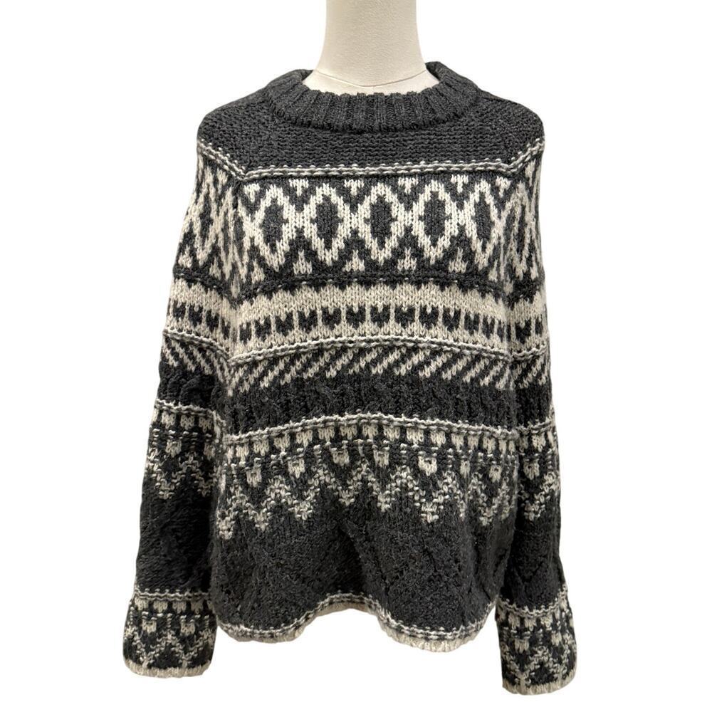 John Paul Richard Women Sweater Gray White Fair Isle Knit Roll Neck Pullover L